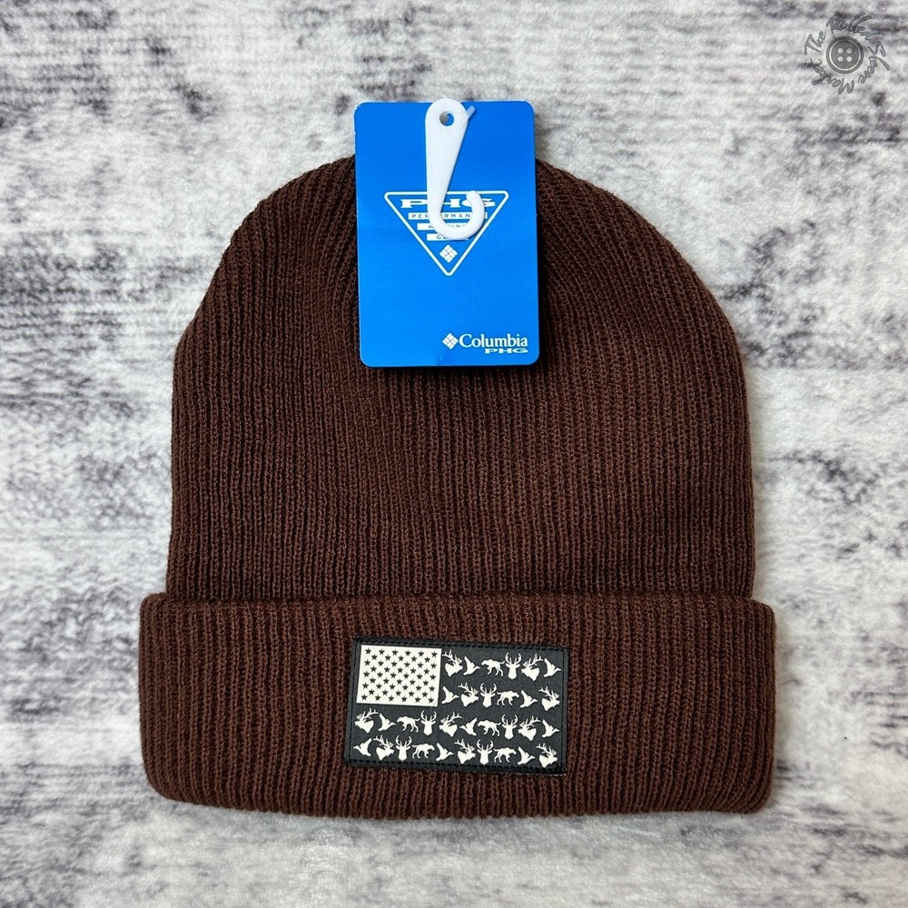 NWT Columbia PHG Flag Patch‎ Cuffed Beanie Winter Hat Brown Unisex OSFA CU5725
